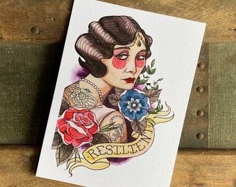 May include: A watercolor illustration of a woman with a vintage hairstyle and tattoos. She is wearing a pearl necklace and a white dress. The woman is holding a red rose and a blue flower. The illustration is surrounded by a yellow banner with the word "Resilient" written on it.