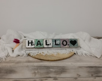Great set with 5 - 6 letters/ characters and a stand made of balsa wood DIY Scrabble gift souvenir table decoration name party vintage