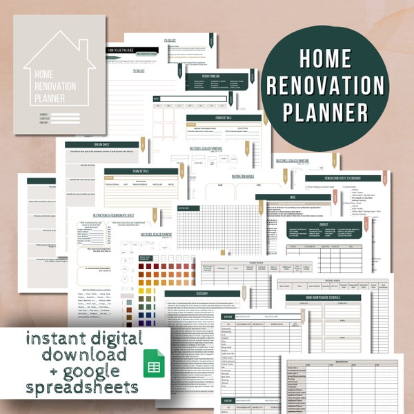 Home Renovation Planner Remodel House checklists Printable remodel guide renovation organization remodel planner home makeover digital guide