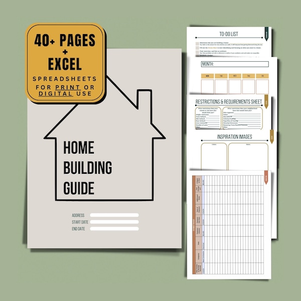 Home Building planner, Custom Home Planner, new house construction, new house planner, instant download pdf file for Digital or Print use