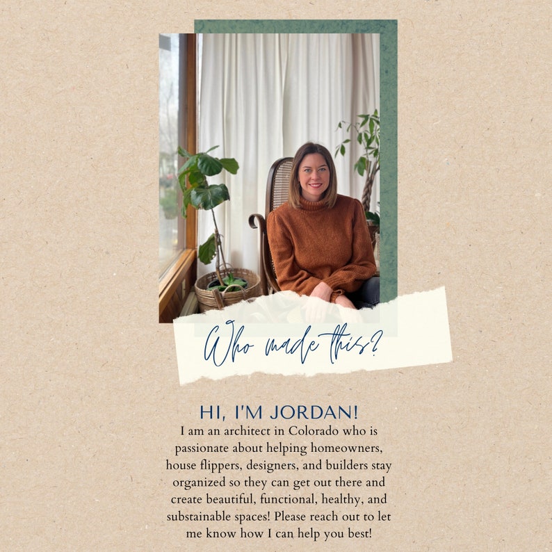 Pode incluir: Uma mulher est&aacute; sentada em uma cadeira de balan&ccedil;o em frente a uma janela com plantas. O texto "Who made this?" est&aacute; escrito em azul cursivo em um fundo branco. O texto "HI, I'M JORDAN! I am an architect in Colorado who is passionate about helping homeowners, house flippers, designers, and builders stay organised so they can get out there and create beautiful, functional, healthy, and sustainable spaces! Please reach out to let me know how I can help you best!" est&aacute; escrito em preto em um fundo branco.