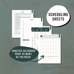 Pode incluir: Tr&ecirc;s folhas de planejamento imprim&iacute;veis com um esquema de cores verde e branco. As folhas incluem uma lista de tarefas, um cronograma aproximado e um calend&aacute;rio mensal. O texto "Folhas de planejamento" est&aacute; em uma fonte grande e em negrito no topo da imagem.