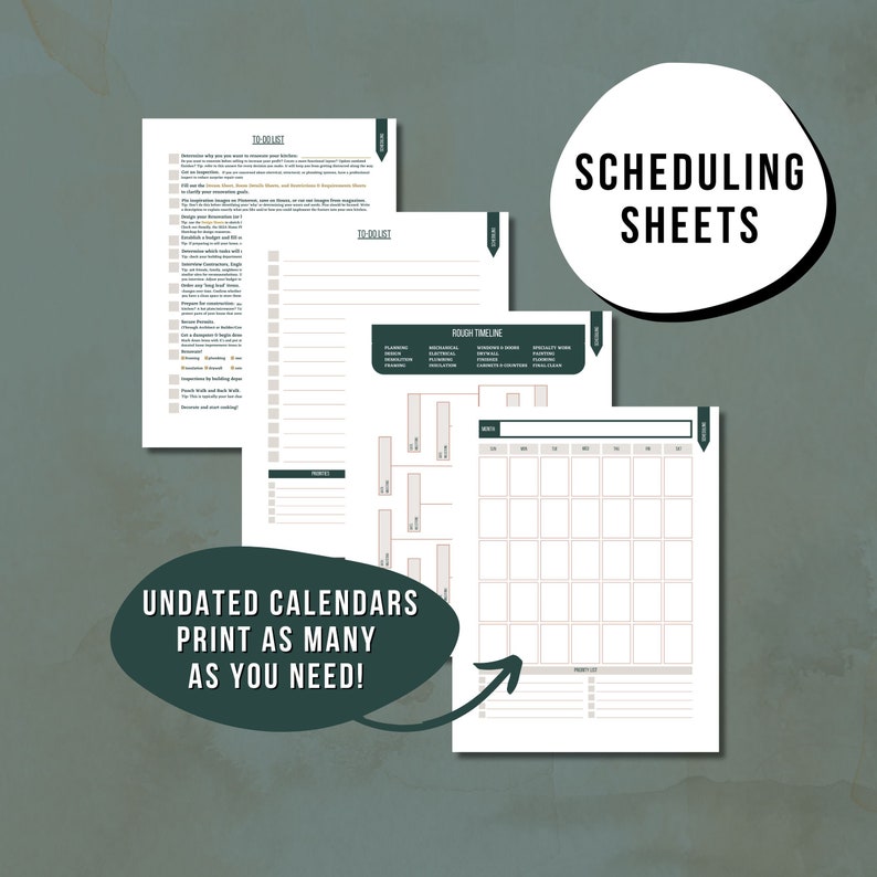 Pode incluir: Tr&ecirc;s folhas de planejamento imprim&iacute;veis com um esquema de cores verde e branco. As folhas incluem uma lista de tarefas, um cronograma aproximado e um calend&aacute;rio mensal. O texto "Folhas de planejamento" est&aacute; em uma fonte grande e em negrito no topo da imagem.