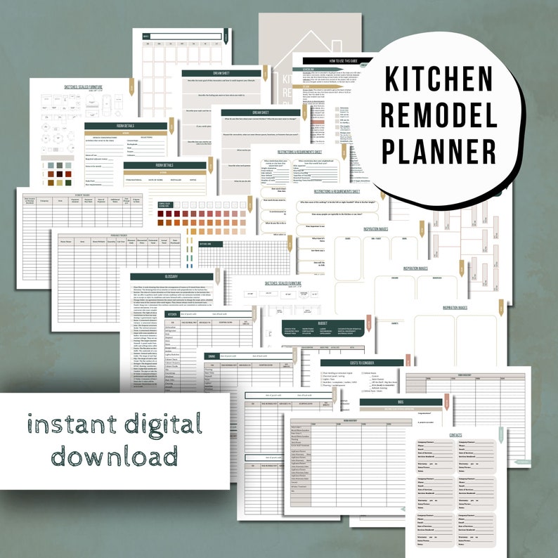 Pode incluir: Um planejador digital imprim&iacute;vel para projetos de remodela&ccedil;&atilde;o de cozinhas. O planejador inclui se&ccedil;&otilde;es para or&ccedil;amento, ideias de design e informa&ccedil;&otilde;es de contato. O t&iacute;tulo "Kitchen Remodel Planner" est&aacute; em um c&iacute;rculo branco com uma borda verde.