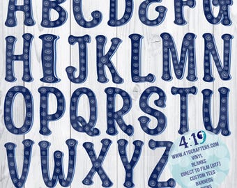 May include: A complete alphabet from A to Z featuring dark blue letters with a white spiral pattern and a light blue outline. A circular logo in the bottom right corner displays the text 4:19, 419CRAFTERS.COM, VINYL, BLANKS, DIRECT TO FILM (DTF), CUSTOM TEES, BANNERS, SIGNS.