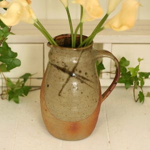 Earthenware pitcher jug flower vase – half glazed jug – rustic French kitchen - ceramic pitcher vase