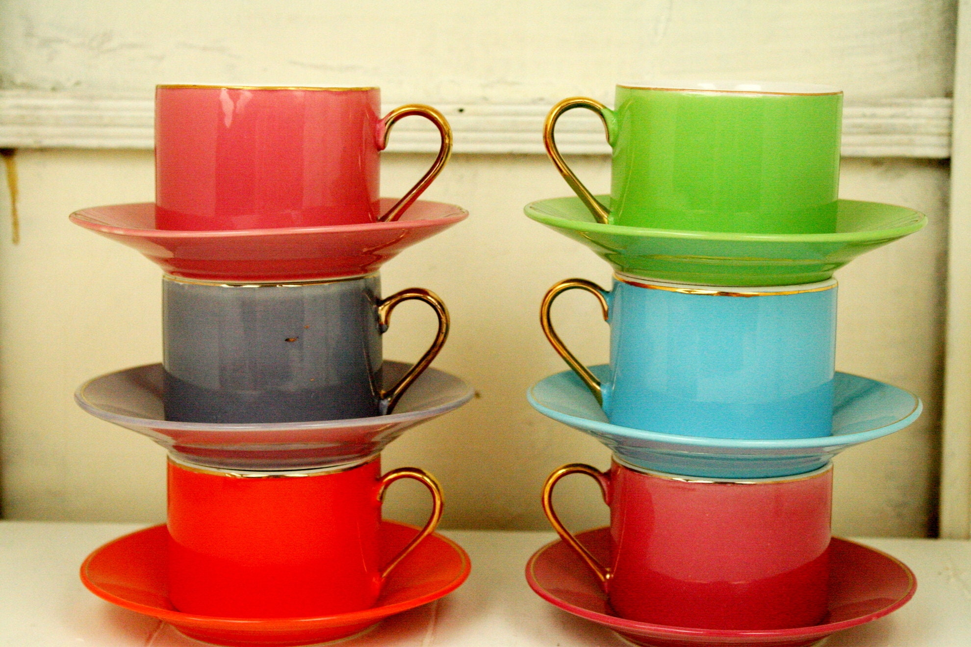 Vintage Coffee Cups Saucers Funky Vintage Colours Set Of Etsy
