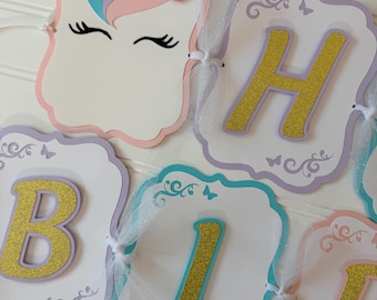 Verjaardagsbanner eenhoorn | Feestslinger pastel glitter | Gepersonaliseerde banner