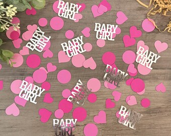 Custom Baby Girl Name Confetti, Pink Hearts Circles, Metallic Gold Silver Accents