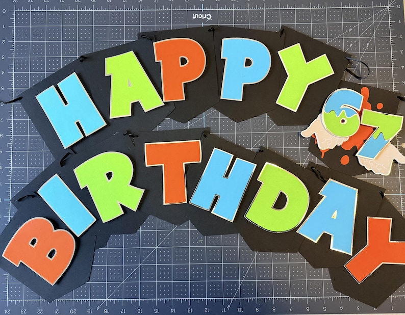 May include: A black banner set with the words "HAPPY BIRTHDAY" in large, colorful letters. The letters are outlined in white and filled with orange, blue, and green. Additional numbers are included.