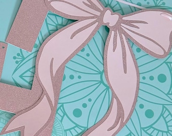 Pink Glitter Bow Birthday Banner | Personalized Coquette Party Decor