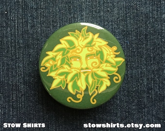 Green Man folk pin button badge, folk arts pin badge, jack in the green pin badge woodland leaves artist pin