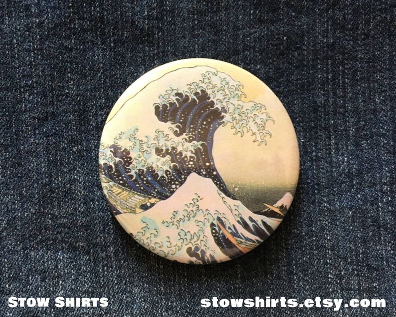 Hokusai Great Wave off the Coast of Kanagawa pin back button badge, fridge magnet or pocket mirror image 1