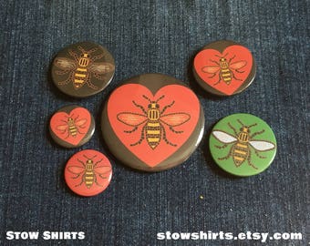 Mancunicon Manchester Bee (charity donation) 58mm (2 1/4"), 38mm (1 1/2"), 25mm (1") pin button badge or 25mm (1") fridge magnet