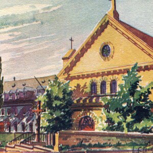 Carte postale vintage, aquarelle, église des Franciscains, Québec haute-ville