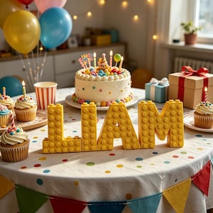 Può includere: Un set di lettere gialle a forma di blocco che compongono il nome LIAM, realizzate per assomigliare a mattoncini da costruzione in plastica. Le lettere sono disposte su una tovaglia bianca a pois colorati, circondate da cupcake e una torta.
