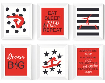 Gymnastics Gift | Gymnastics Art Printables | 6 Set | Red and Navy Blue |  Gymnastics Decor | Digital Gymnastics Prints  | Instant Download