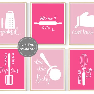 Pink Kitchen Art Pink Kitchen Printables Kitchen Decor 6 Set Kitchen Wall Art Funny Kitchen Art Instant Download image 1