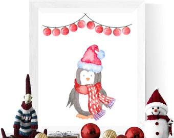 Penguin Christmas Printable | Watercolor Penguin Christmas Printable | Kids Christmas Decoration | Digital Download | Kids Art Printable