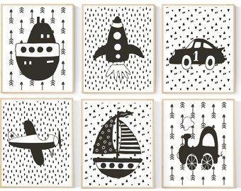 Scandi Nursery Art Printables | Scandinavian Nursery Wall Art | Transportation Nursery | Kids Room Art Prints | Instant Download | 6 Set