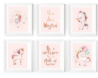 Unicorn Art Printables | 6 Set | Unicorn Prints | Pink and Rose Gold | Girls Bedroom | Nursery Art | Unicorn Wall Art | Instant Download