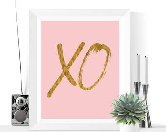 XO Printable | Pink and Gold | XO Art | Bedroom Art | Pink Wall Art | Hugs and Kisses | Typographic Print | Instant Download | XO Wall Art