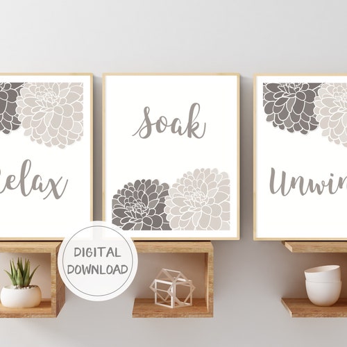 Gray Bathroom Wall Art Prints or Canvas Relax Soak Unwind Etsy
