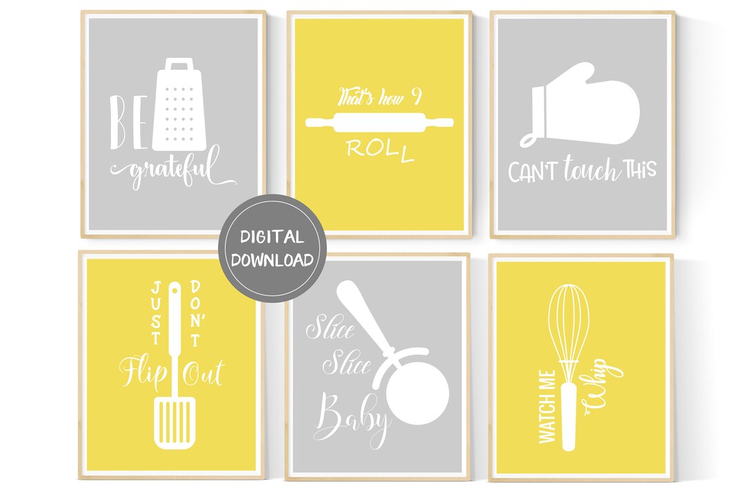 Yellow and Grey Kitchen Art Kitchen Printables Kitchen Decor 6 Set