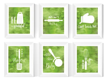 Green Kitchen Wall Art | 6 Set | Green Kitchen Decor | Green Watercolor Kitchen Art Printables | Kitchen Printables | Instant Download