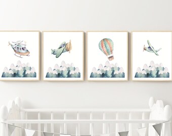 Baby Boy Nursery Decor | Watercolor Nursery Wall Art Printables | 4 Set | Airplane Art | HelicopterArt | Hot Air Balloon | Instant Download