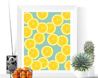 Lemon Slices Art Printable | Yellow and Blue | Kitchen Wall Art | Lemon Art | Modern Wall Decor | Tropical Prints | Instant Download