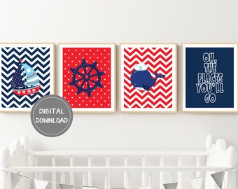 Nautical Printables | Nursery Art | Blue and Red | 4 Set | Boys Room Art | Nursery Nautical Printables  | Nautical Art | Instant Download