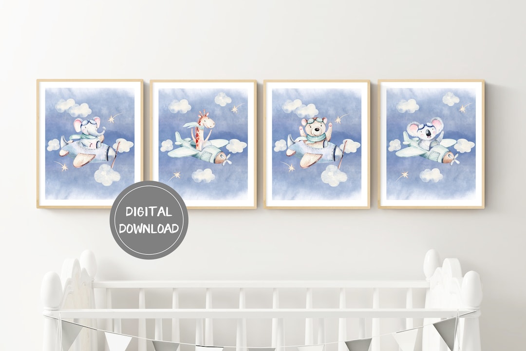 Airplane Nursery Wall Art Printables Animal Art 4 Set Kids Room Decor ...