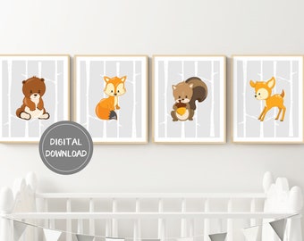 Woodland Animals Printables | 4 Set | Woodland Animal Art  | Children's Wall Decor | Nursery Art | Nursery Printables | Instant Download