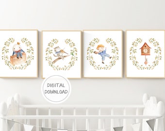 Nursery Rhyme Wall Art Printables | Watercolor Nursery Art | 4 Set | Playroom Decor | Instant Download | Nursery Rhyme Art Set | 8x10