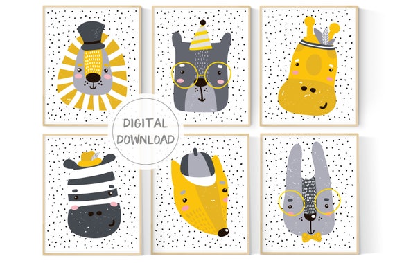 Scandi Animal Nursery Art Yellow And Gray Decor - Yellow And Gray Nursery Wall Art Scandi Animal Nursery Art Yellow And Gray Decor - Yellow And Gray Nursery Wall Art