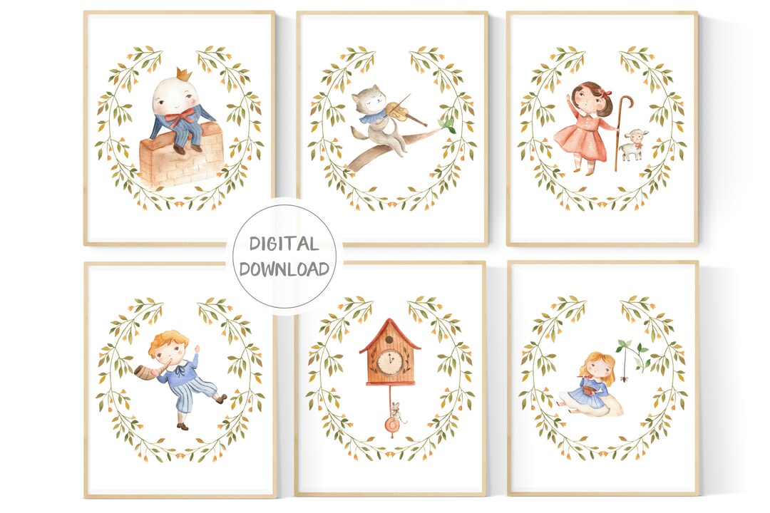Nursery Rhyme Art Printables Watercolor Nursery Decor 6 Set Playroom ...