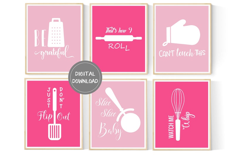 Pink Kitchen Art Pink Kitchen Printables Kitchen Decor 6 Set Kitchen Wall Art Funny Kitchen Art Instant Download image 1