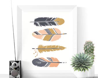 Feathers Art Printable | Boho Art | Pink, Navy & Gold | Feathers Print | Native Art | Home Decor | Wall Art Printables