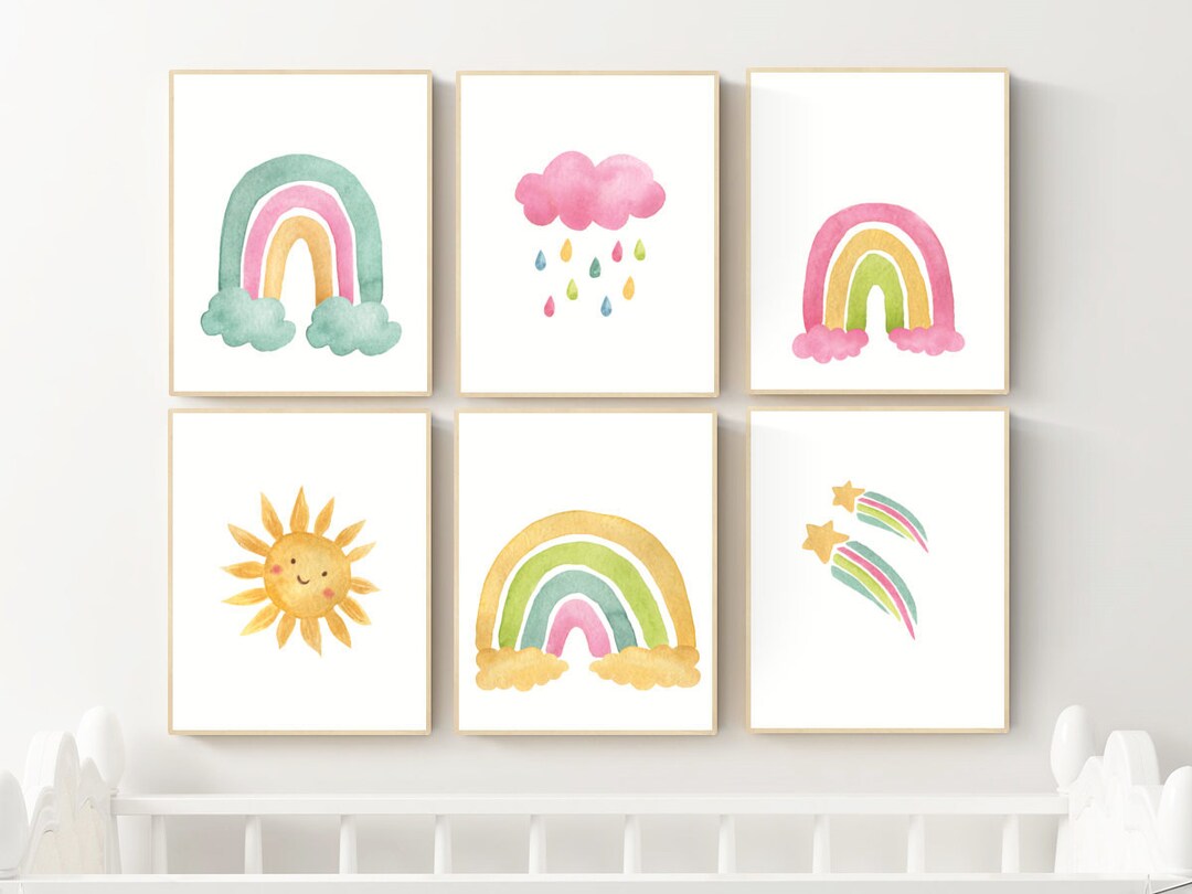Nursery Wall Art Printables 6 Set Sun Cloud Rainbow Art Prints Pastel ...