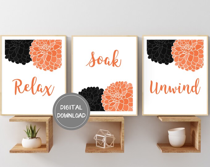 Instant Download Orange and Black Bathroom Decor Black and Orange