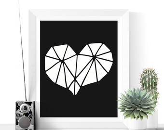 Geometric Heart Wall Art Printable | Scandinavian Art | White and Black | Printable Modern Art | Abstract Art | Instant Download