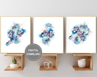 Abstract Alcohol Ink Wall Art Printables | 3 Set | Abstract Art | Blue and Gold | Instant Download