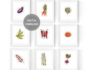 Kitchen Art Printables | Vegetable Wall Art | 9 Set | Vegetables Art | Kitchen Decor | Watercolor Kitchen Decor | Instant Download