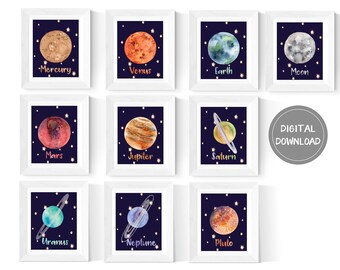 Space Wall Art Printables | Planets Art | 10 Set | Solar System Art | Kids Room Decor | Space Art | Planets and Moon | Instant Download