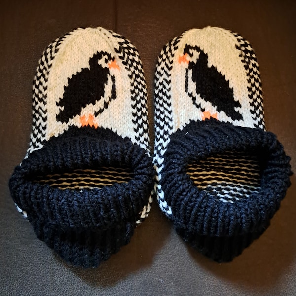 100% wool knitted puffin slippers. Size small adults 5-6