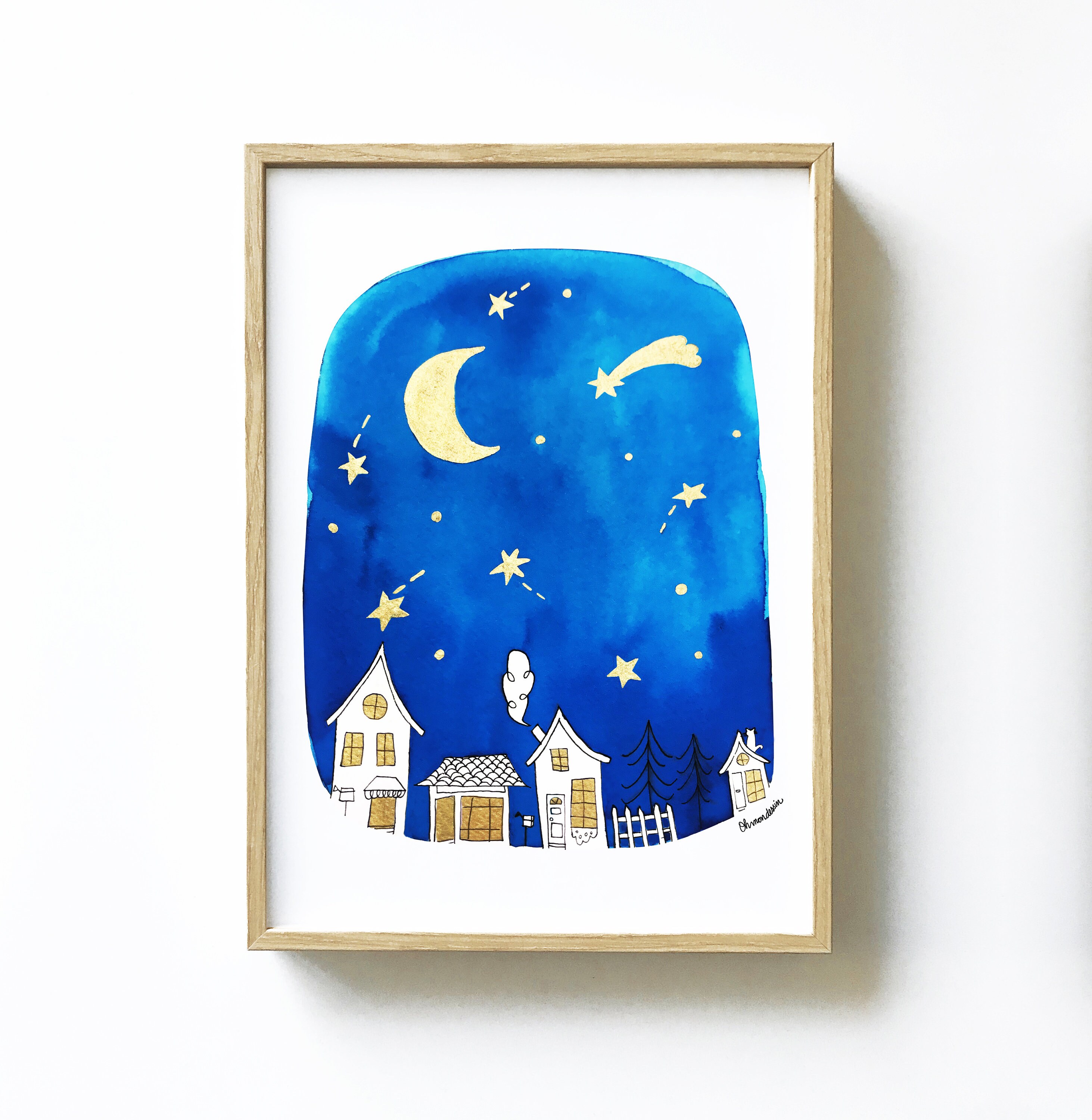 Carte Postale, Illustration, Affiche Le Village Sous Les Étoiles - Illustration Noël Format A6