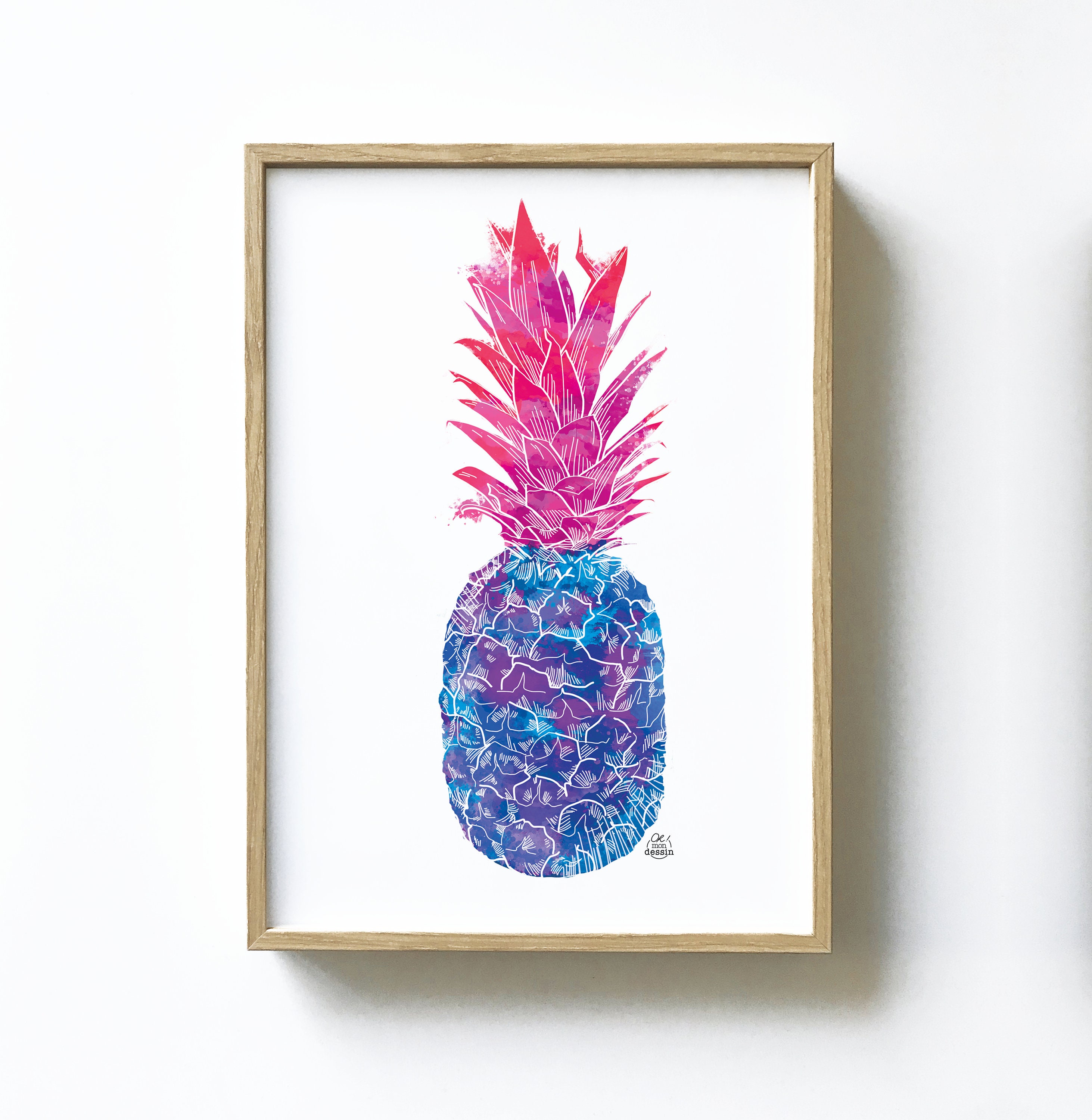 Affiche Ananas Encres Bleu-Rose - Illustration Tropicale Formats A5