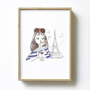 Carte Postale & Affiche "Parisienne Vin Rouge et Tour Eiffel" - Illustration Paris - Format A5, A4, A3 (29,7x42 cm)