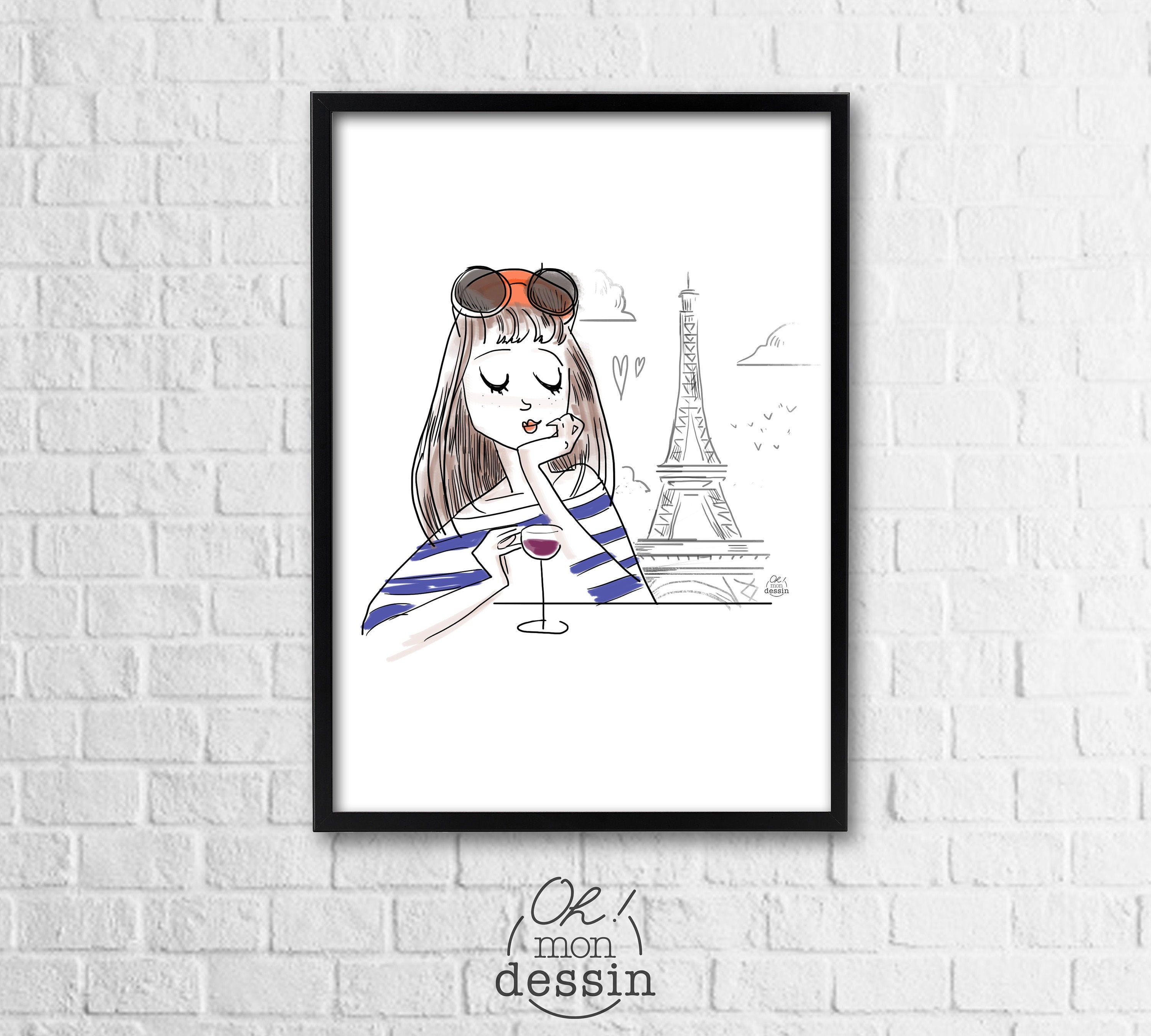 Affiche Parisienne Vin Rouge et Tour Eiffel - Illustration Paris Format A5